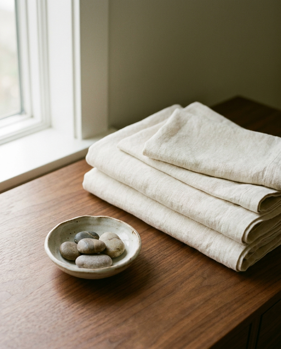 Detail of folded linens at J Massage SLC