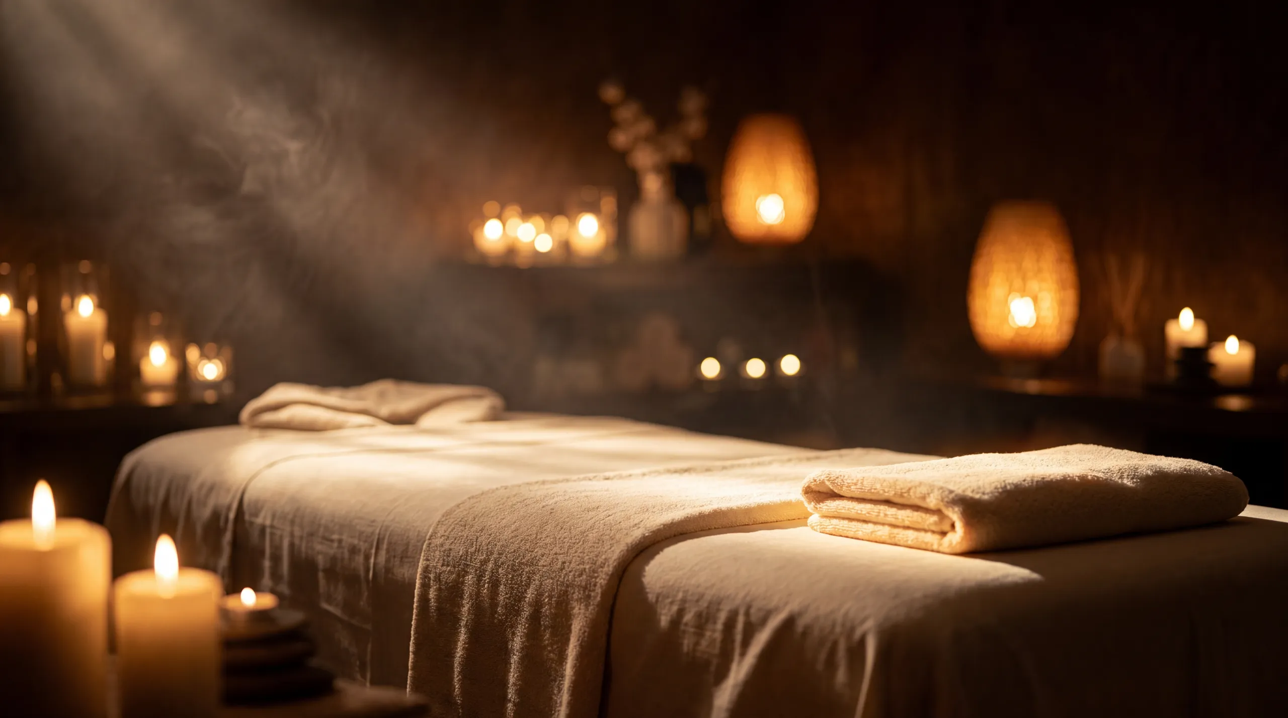 Warm massage room ready for a session