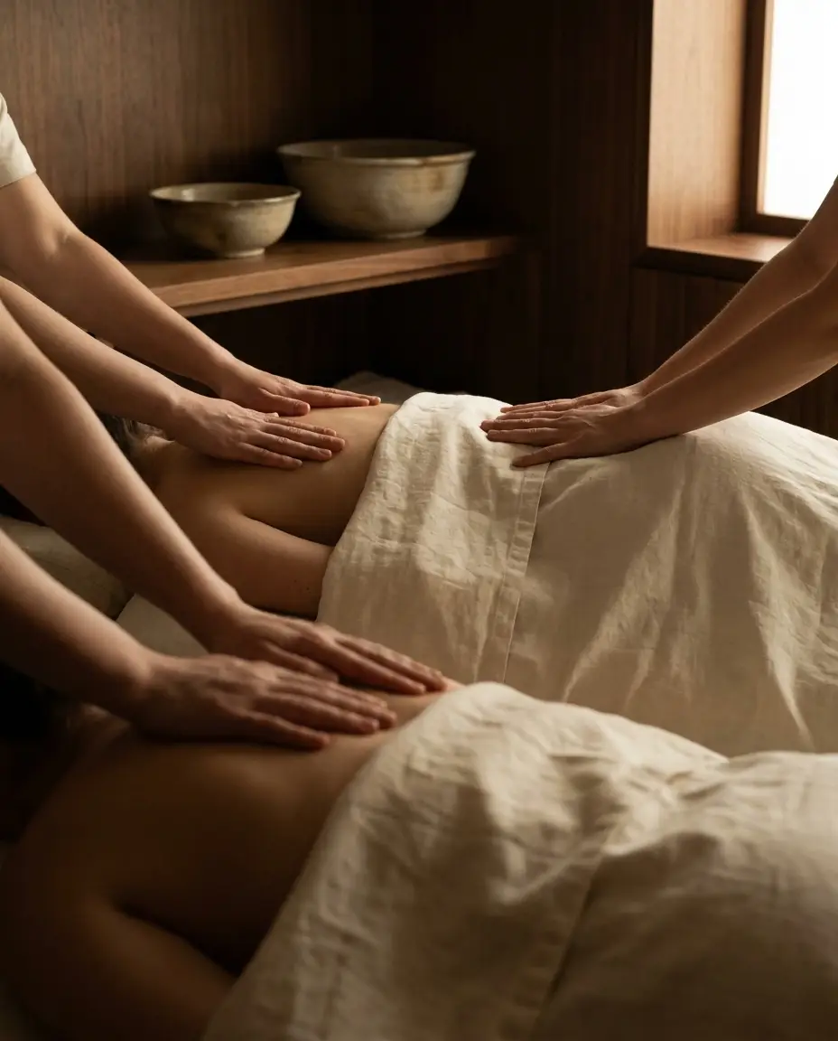 Couples massage suite - two synchronized therapists side by side - detail view