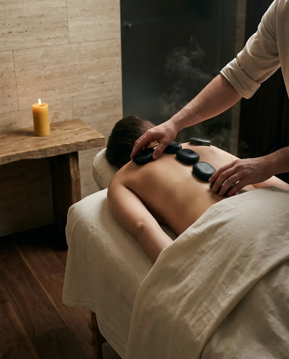 Hot stone massage - basalt stones placed along the spine