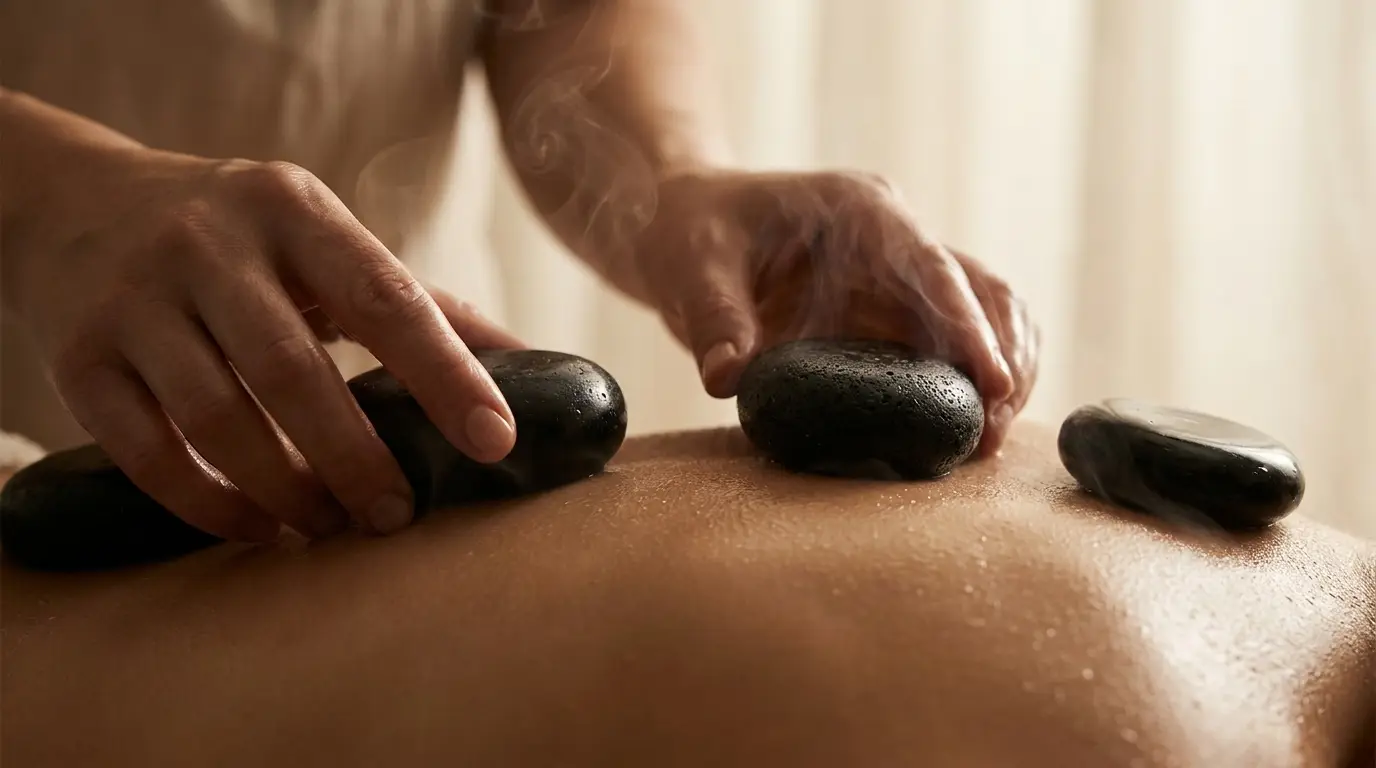Hot stone massage - basalt stones placed along the spine - detail view