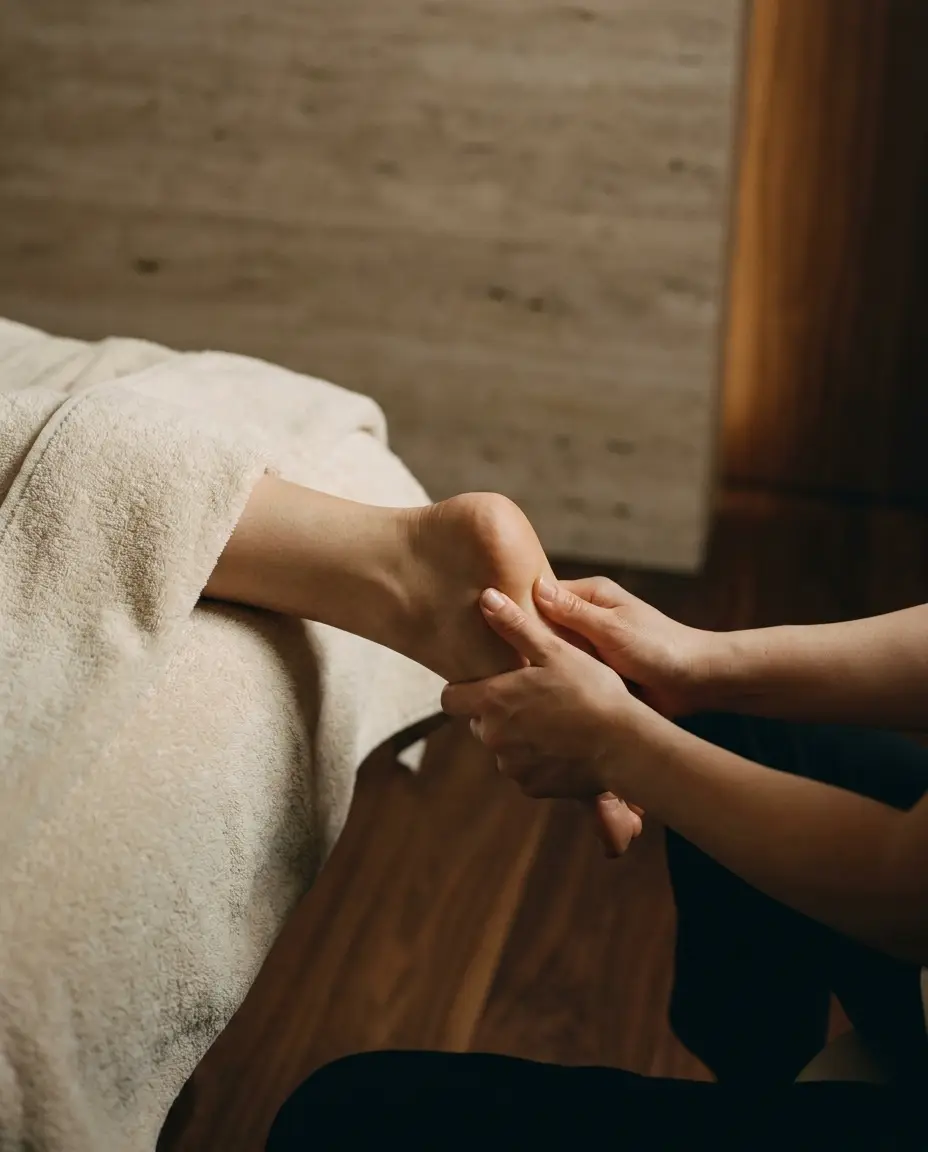 Reflexology - thumbs working pressure points on the foot