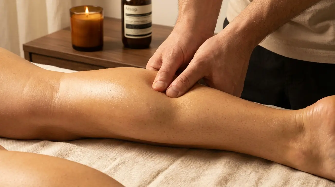 Sports massage technique - athletic recovery work on the leg - detail view
