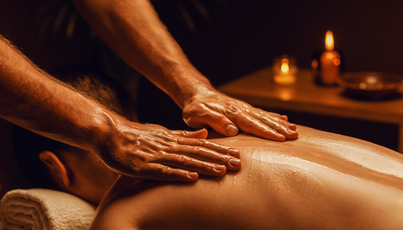 Swedish massage therapist performing effleurage strokes on client's back in candlelit luxury spa