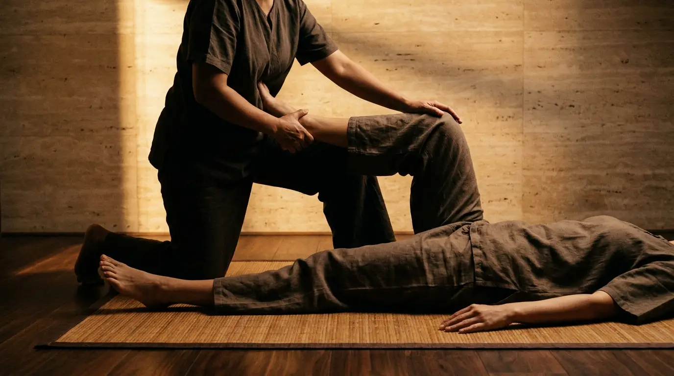 Thai massage - assisted stretching technique on a floor mat